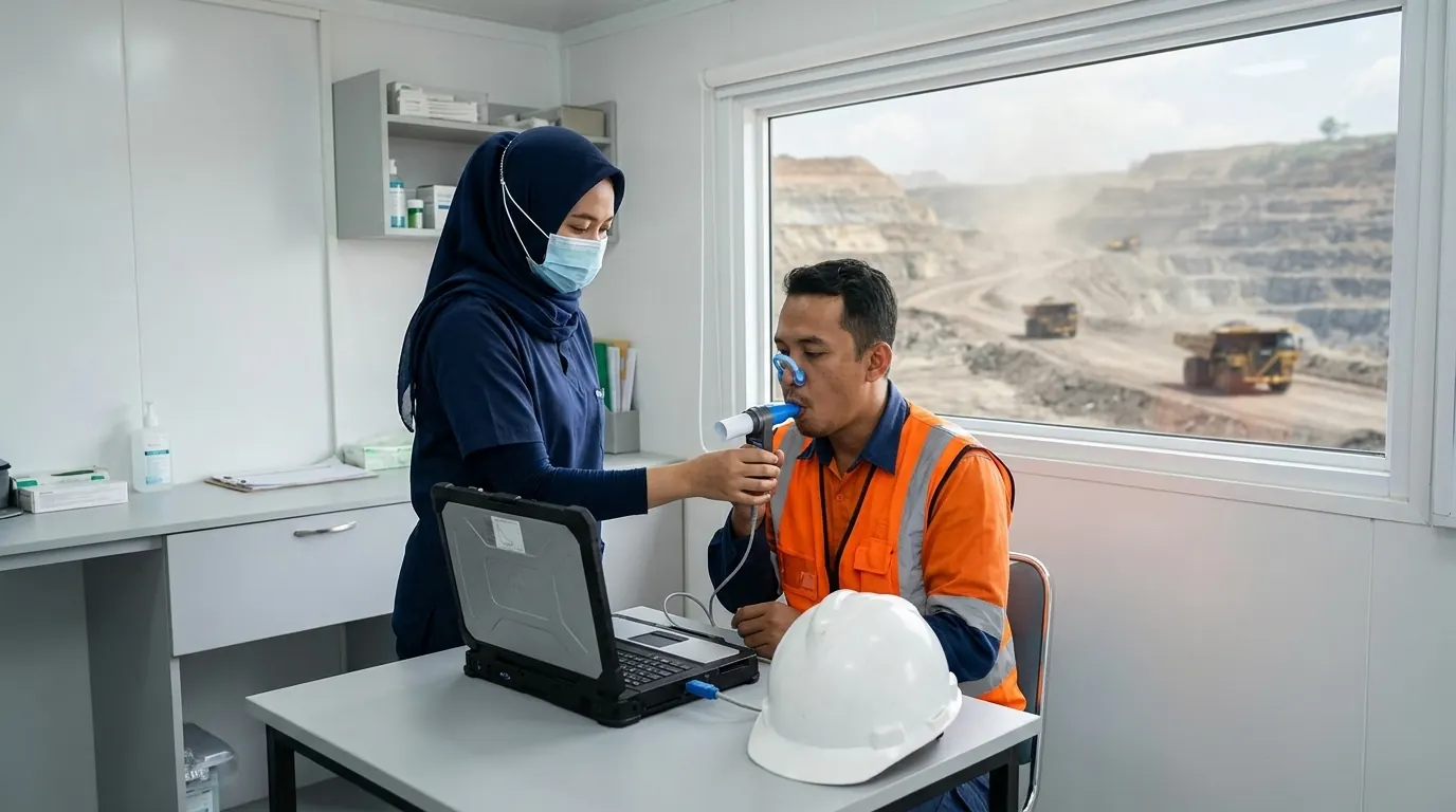 Pekerja tambang menjalani tes spirometri di klinik site dengan pendampingan perawat