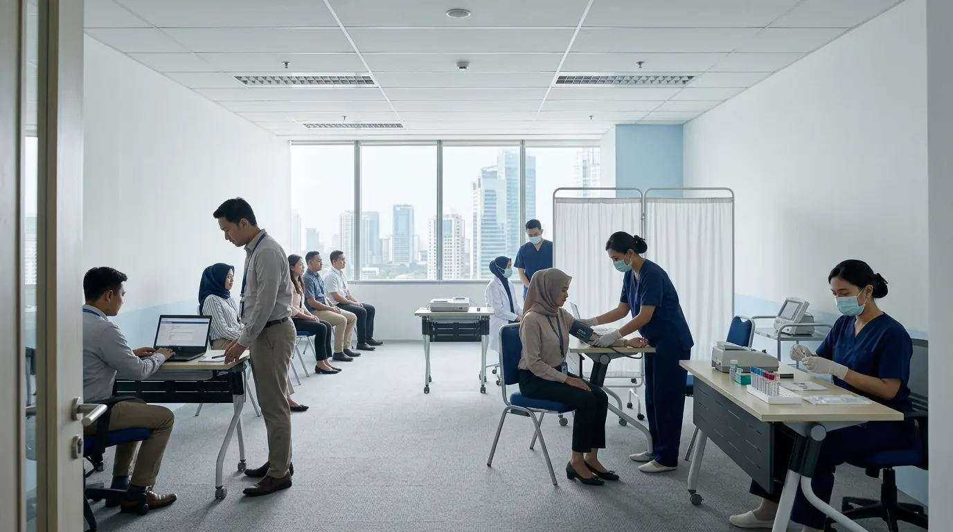 Ruang kantor di Jakarta yang ditata menjadi beberapa stasiun pemeriksaan MCU onsite karyawan