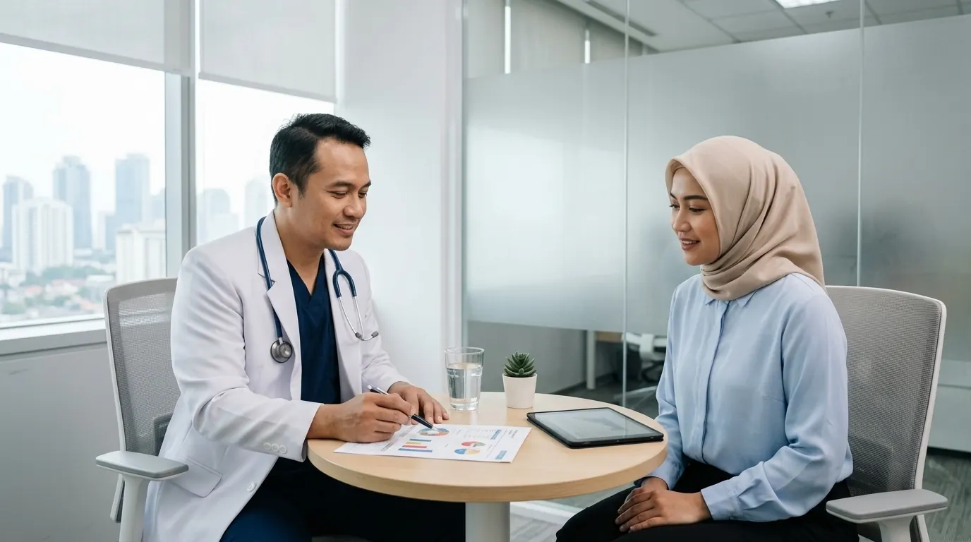 Dokter menjelaskan hasil MCU kepada karyawan dalam sesi konseling individu